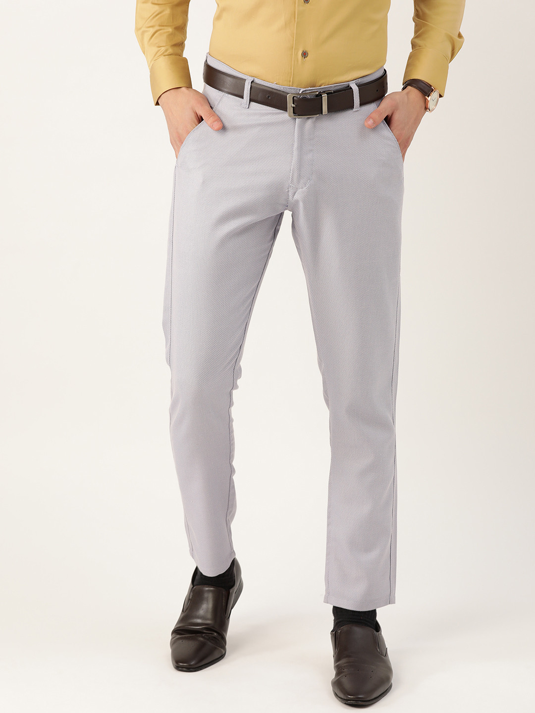 Buy SOJANYA Men Blue & Off White Smart Fit Textured Formal Trousers ...