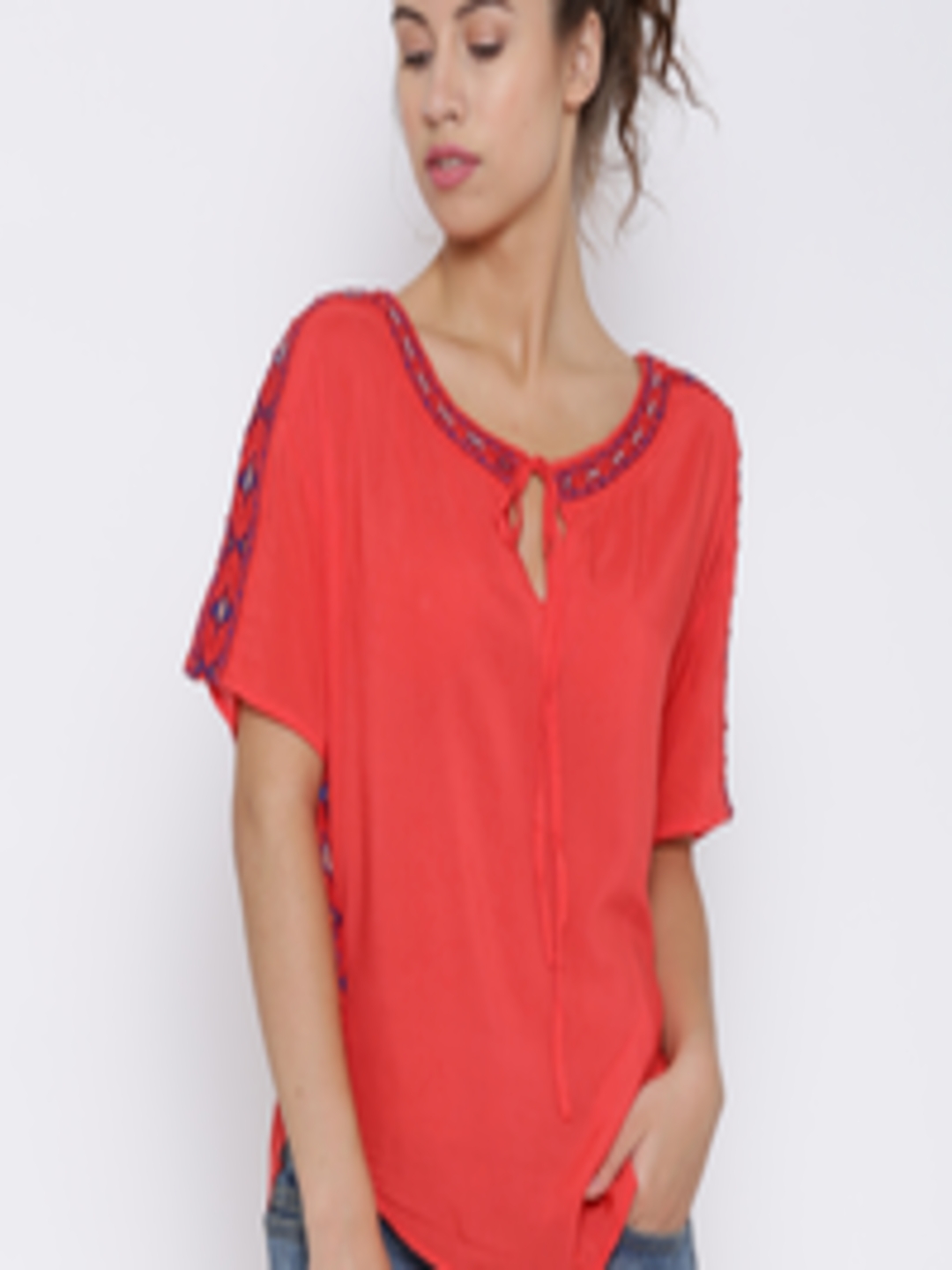 Buy Madame Coral Red Embroidered Top - Tops for Women 1304917 | Myntra