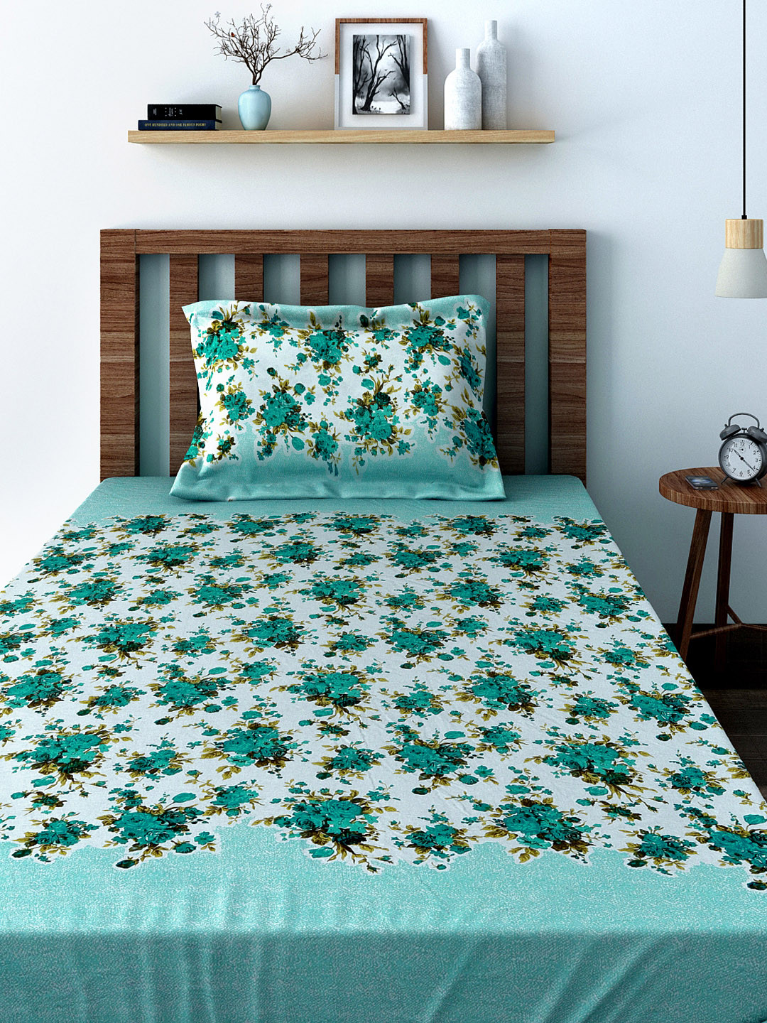 Buy SWAYAM Green Cotton Single 120 TC Bedsheet With 1 Pillow Cover