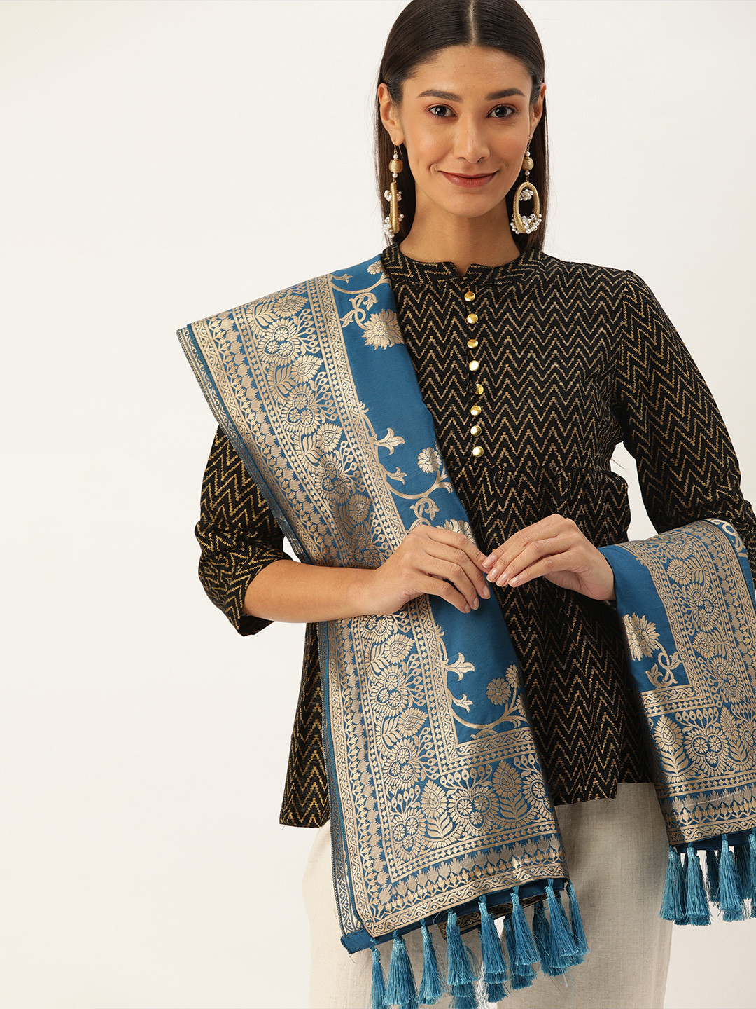 Navy Blue & Gold Coloured Woven Design Dupatta