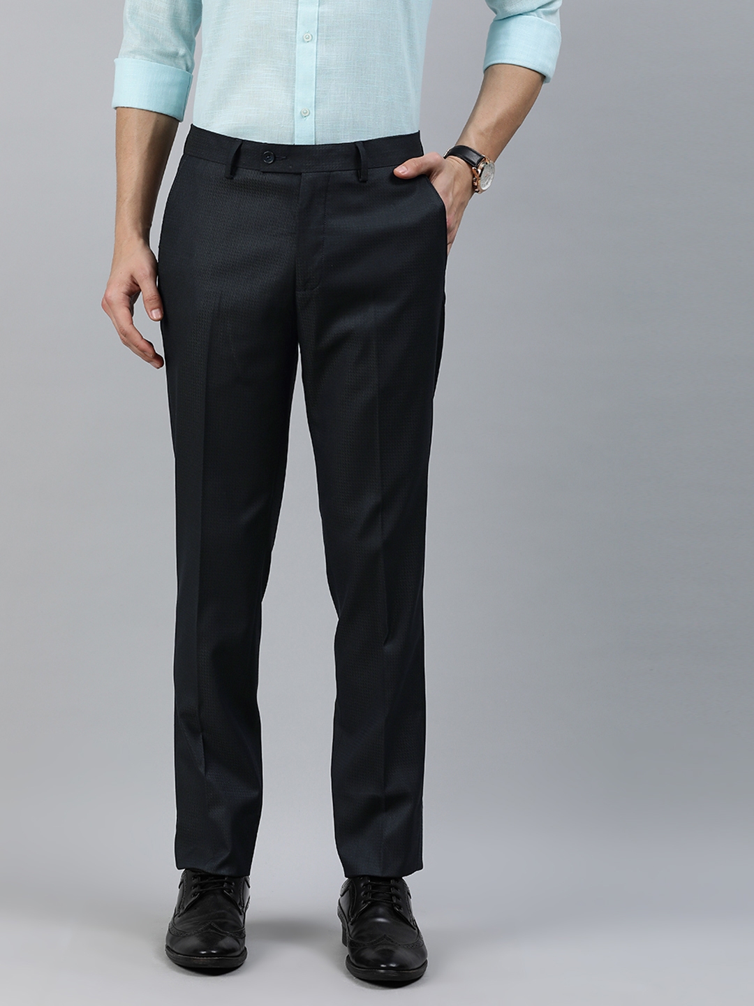 Buy Arrow Men Navy Blue Slim Fit Self Design Semi Formal Trousers ...
