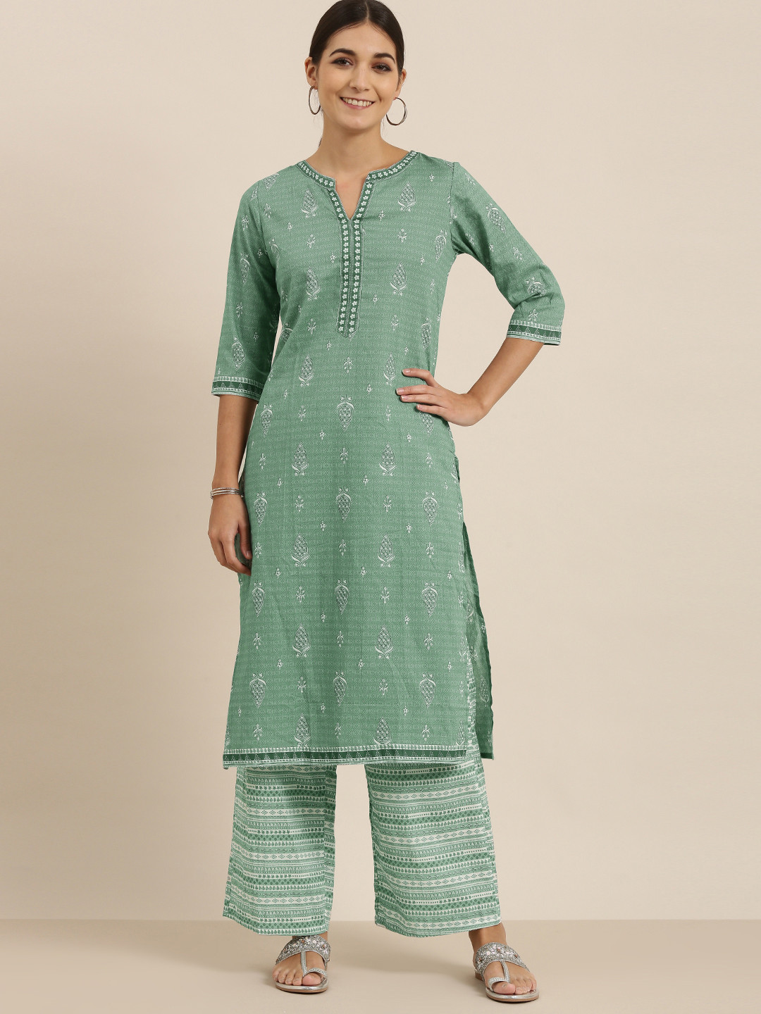 Buy Vishudh Women Green Printed Kurta With Palazzo Kurta Sets for