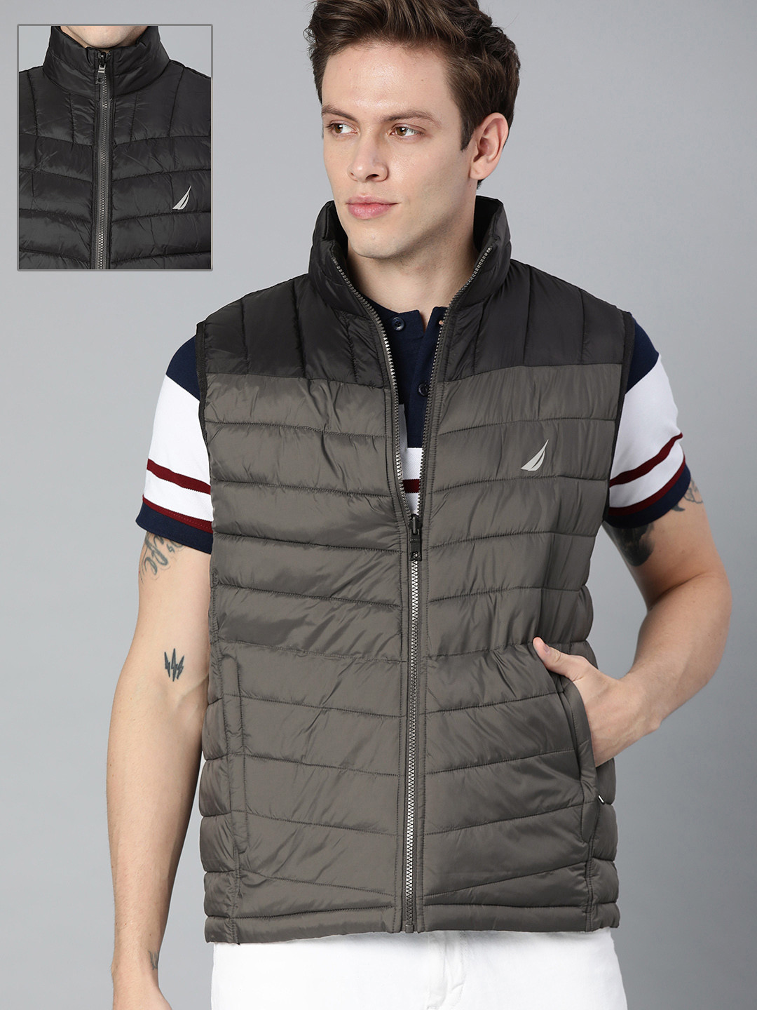 Buy Nautica Men Grey & Black Colourblocked Water Resistant Reversible Padded Jacket - Jackets 
