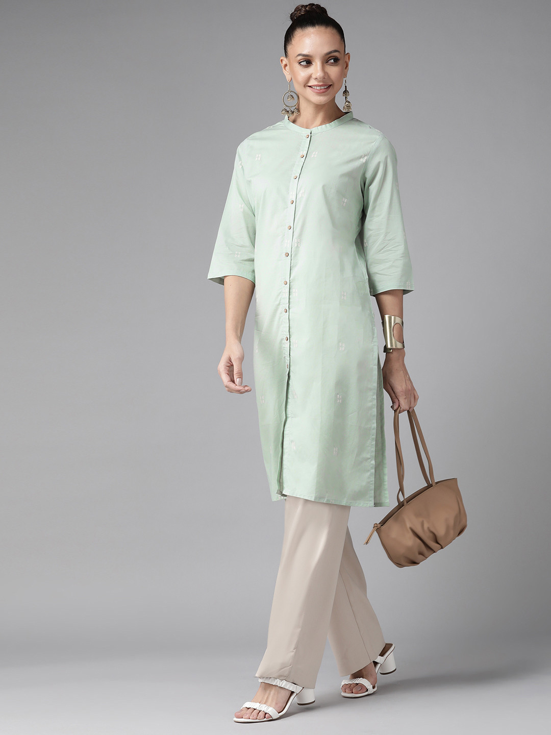 Green and white woven kurta main image 1
