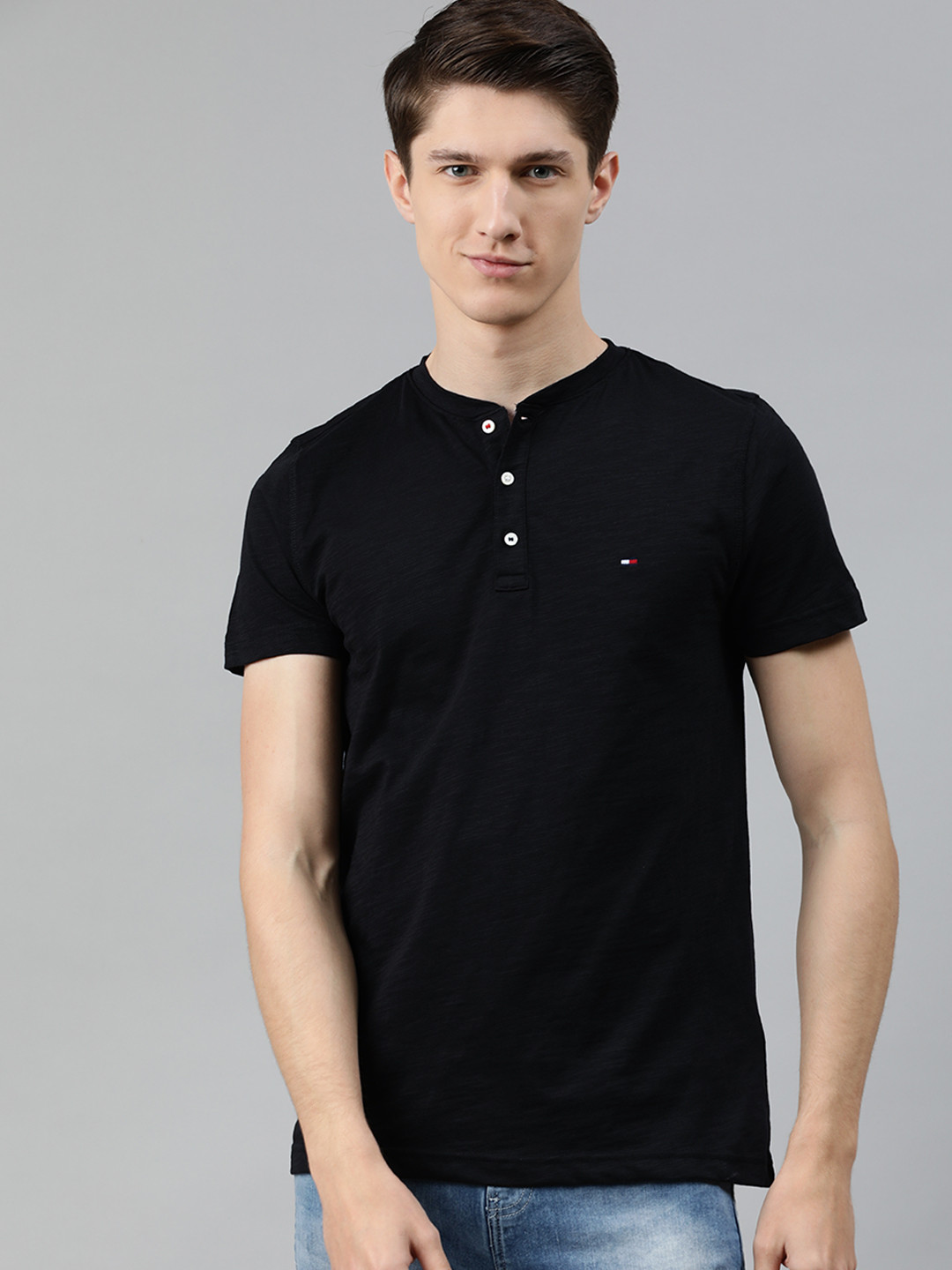 Buy Tommy Hilfiger Men Black Solid Henley Neck Organic Cotton T Shirt