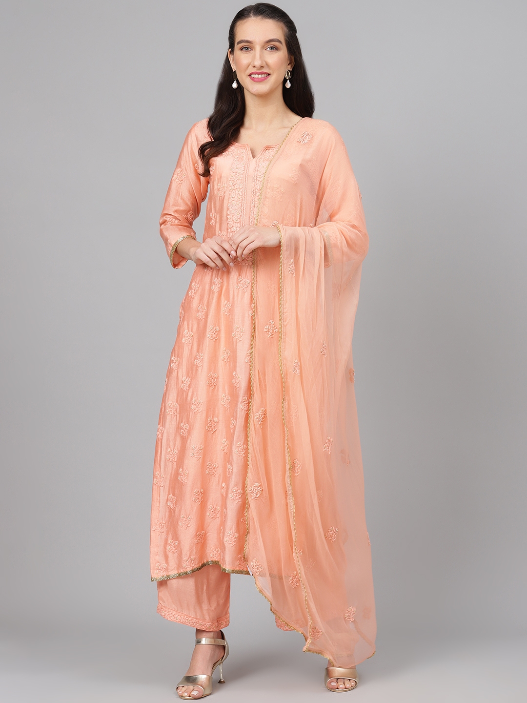 Buy Biba Peach Coloured Embroidered Unstitched Dress