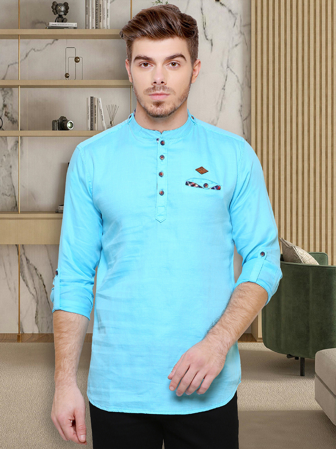 Men Peacock Blue Solid Straight Kurta main image 0