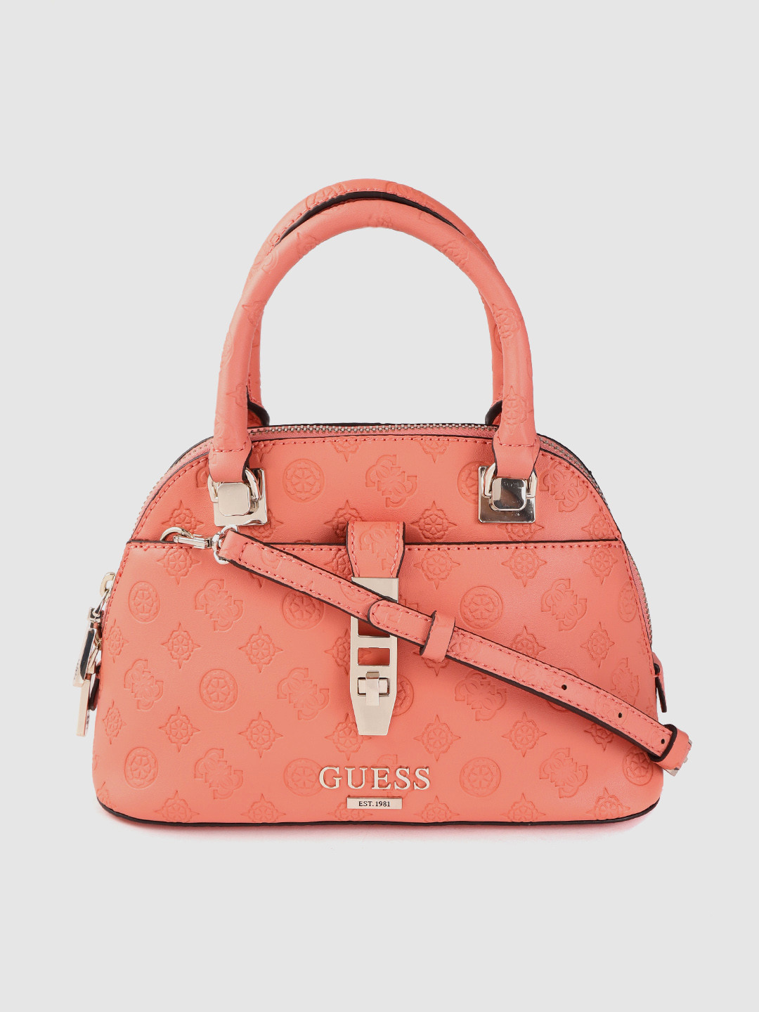 Buy GUESS Coral Orange Ethnic Motifs Textured Handheld Bag With