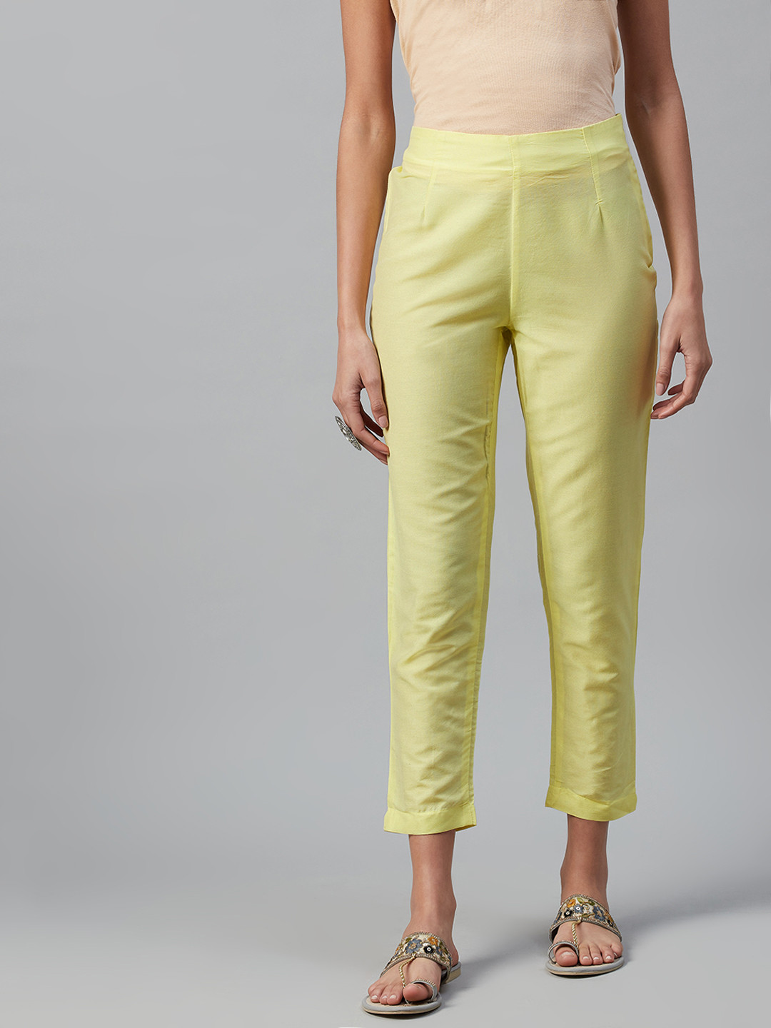 Women's Yellow Straight Fit Cotton Trousers