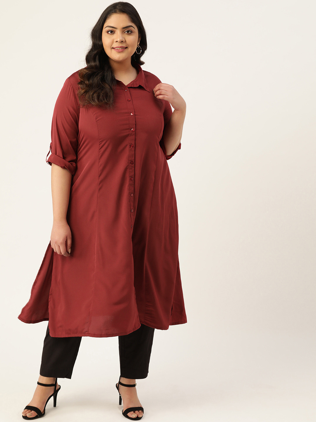 Buy Sztori Women Plus Size Maroon Solid Shirt Collar Straight Kurta