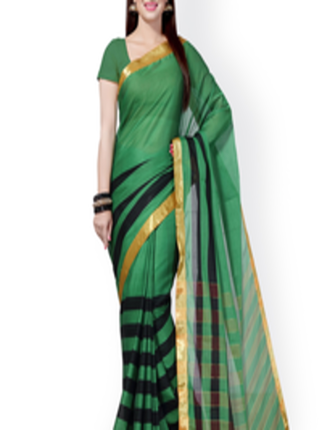 Buy Ishin Green Striped Cotton Traditional Saree - Sarees for Women ...