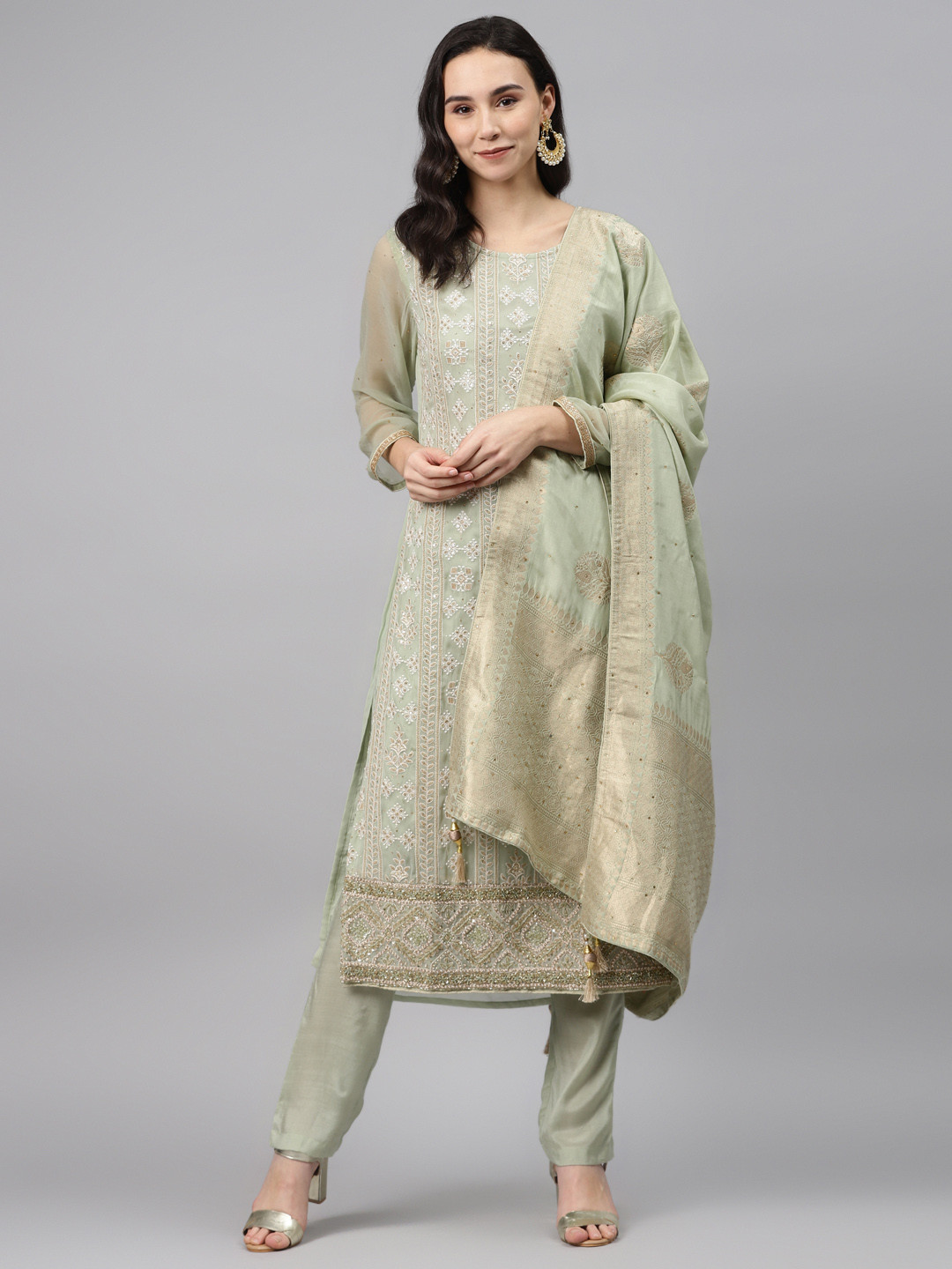 Buy Biba Green & Golden Lucknowi Embroidered Unstitched Dress Material Dress Material for