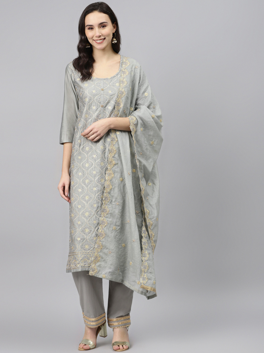 Buy Biba Grey & Golden Embroidered Unstitched Dress Material Dress