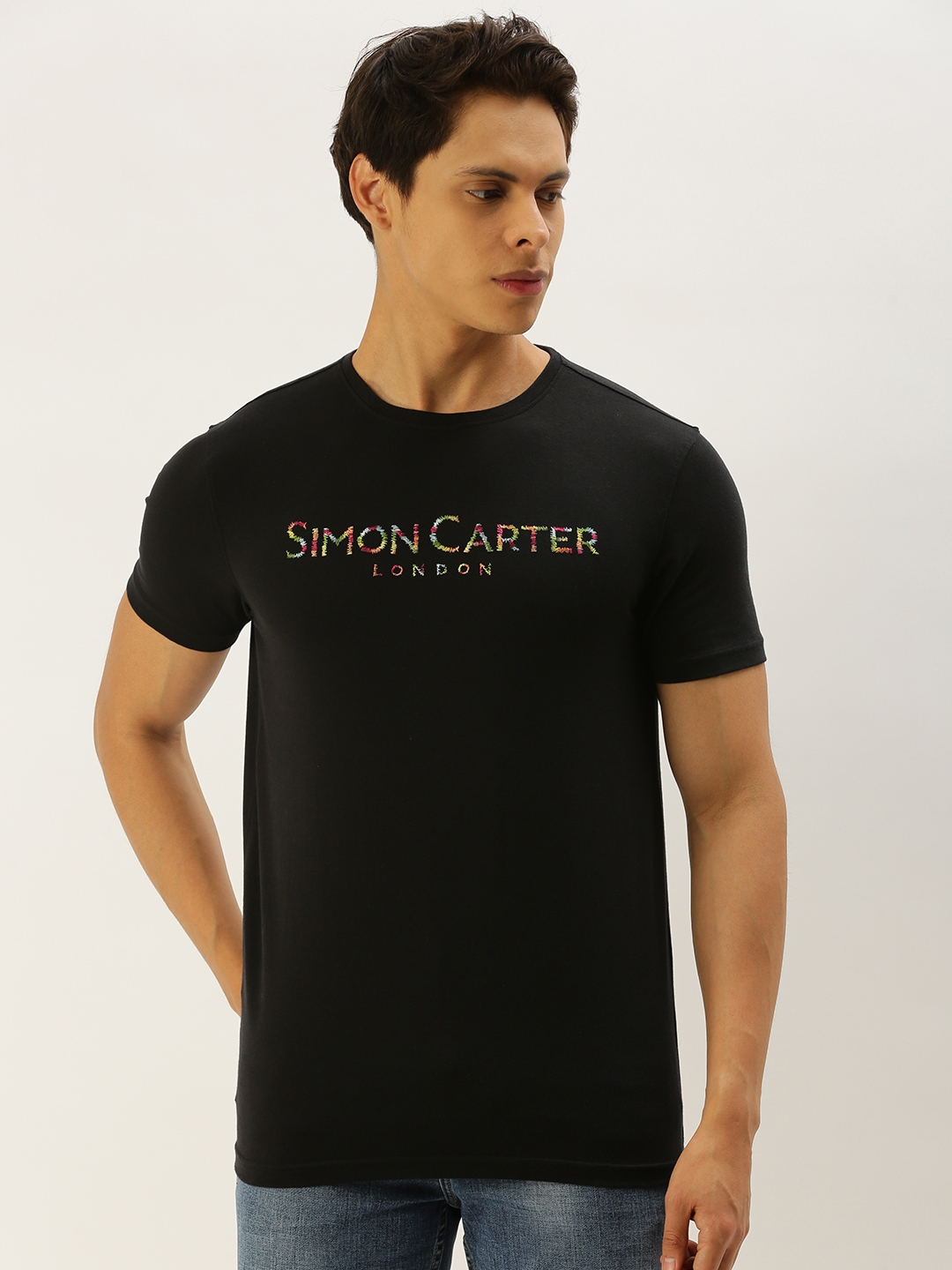 Buy SIMON CARTER LONDON Men Black Brand Logo Embroidered Round Neck T ...