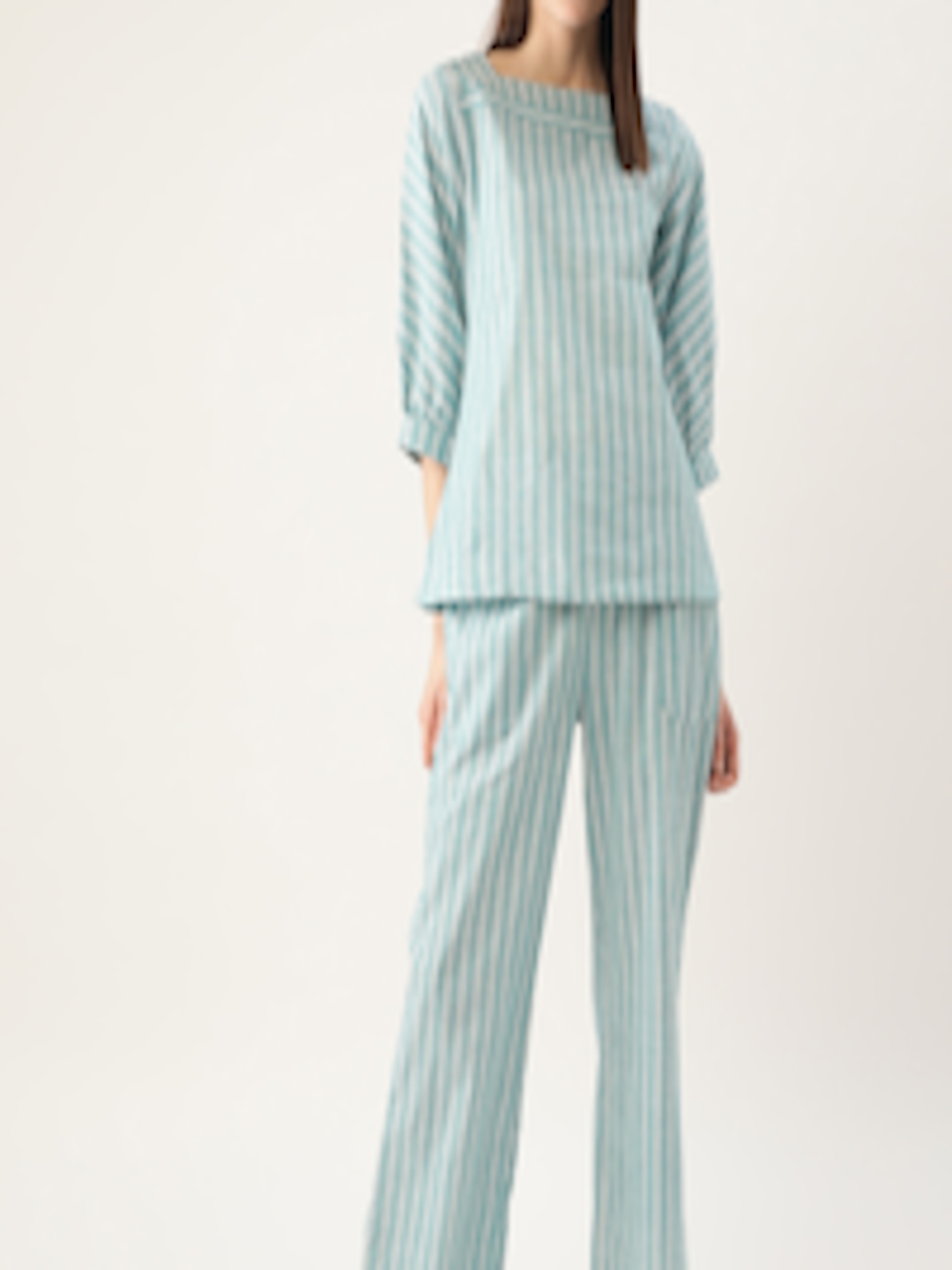 Buy Cottinfab Women Sea Green & White Striped Pure Cotton Night Suit ...