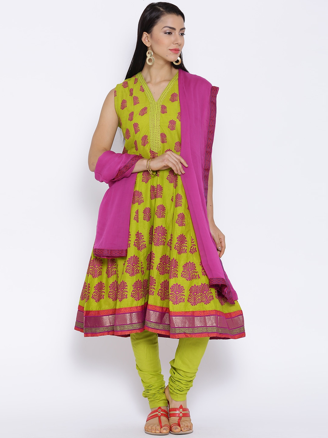 Buy Biba Green Floral Print Anarkali Churidar Kurta With Dupatta - Kurta Sets for Women 1314247