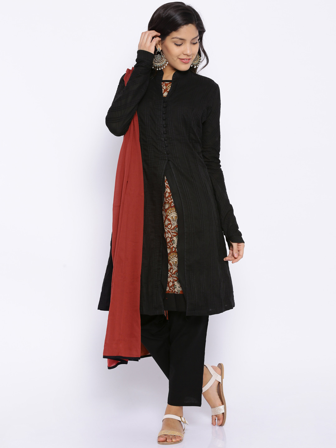 Buy BIBA Black A Line Kurta With Ankle Length Trousers & Dupatta