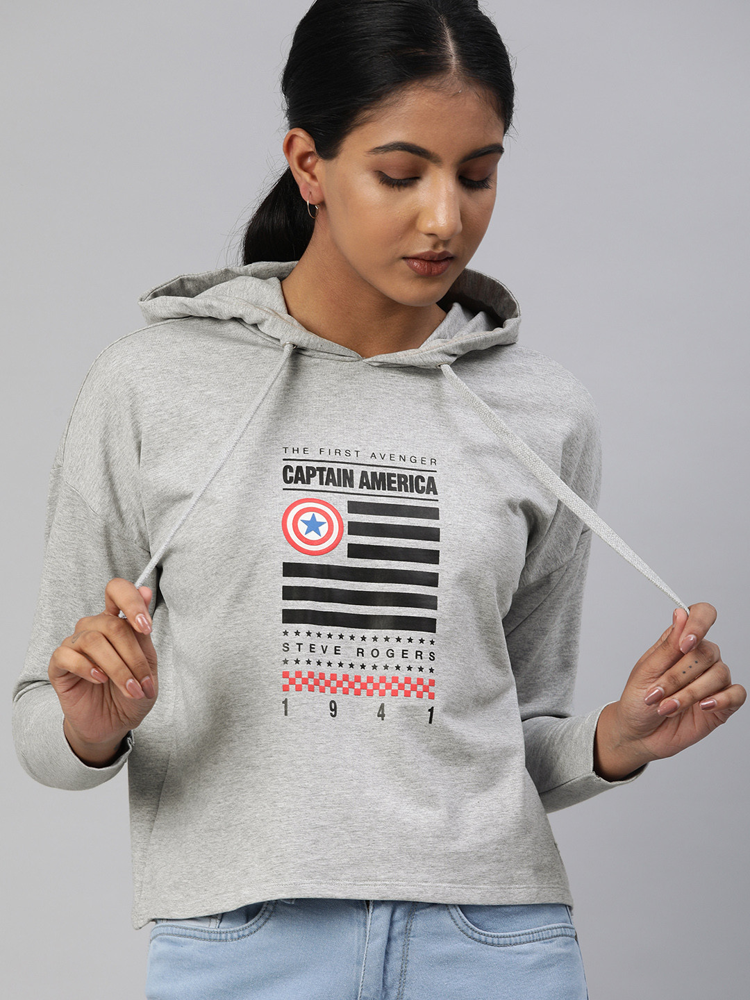 Buy Van Heusen Woman Grey Melange Captain America Printed Hooded Sweatshirt - Sweatshirts for 