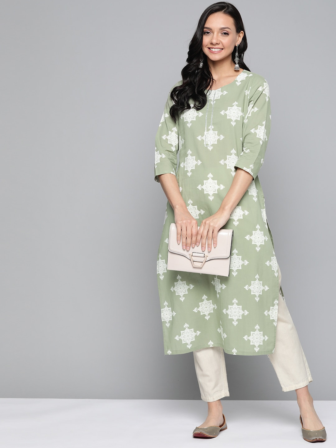 Adults-Women Green & Off White Cotton Straight Quirky Printed Kurta
