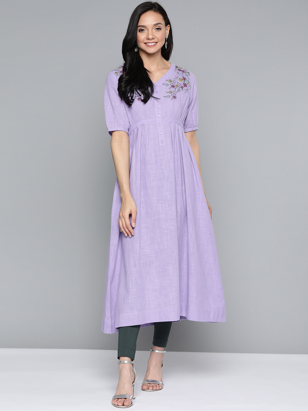 Buy HERE&NOW Women Lavender Yoke Design Pure Cotton A Line Kurta