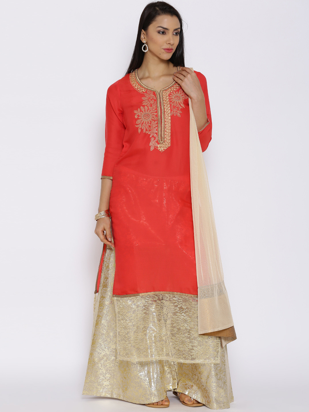 Buy Aujjessa Red & Golden Embroidered Kurta With Palazzo Trousers & Dupatta - Kurta Sets for 