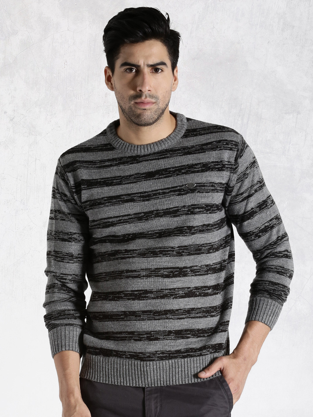 Buy Roadster Grey & Black Striped Sweater Sweaters for Men 1317587