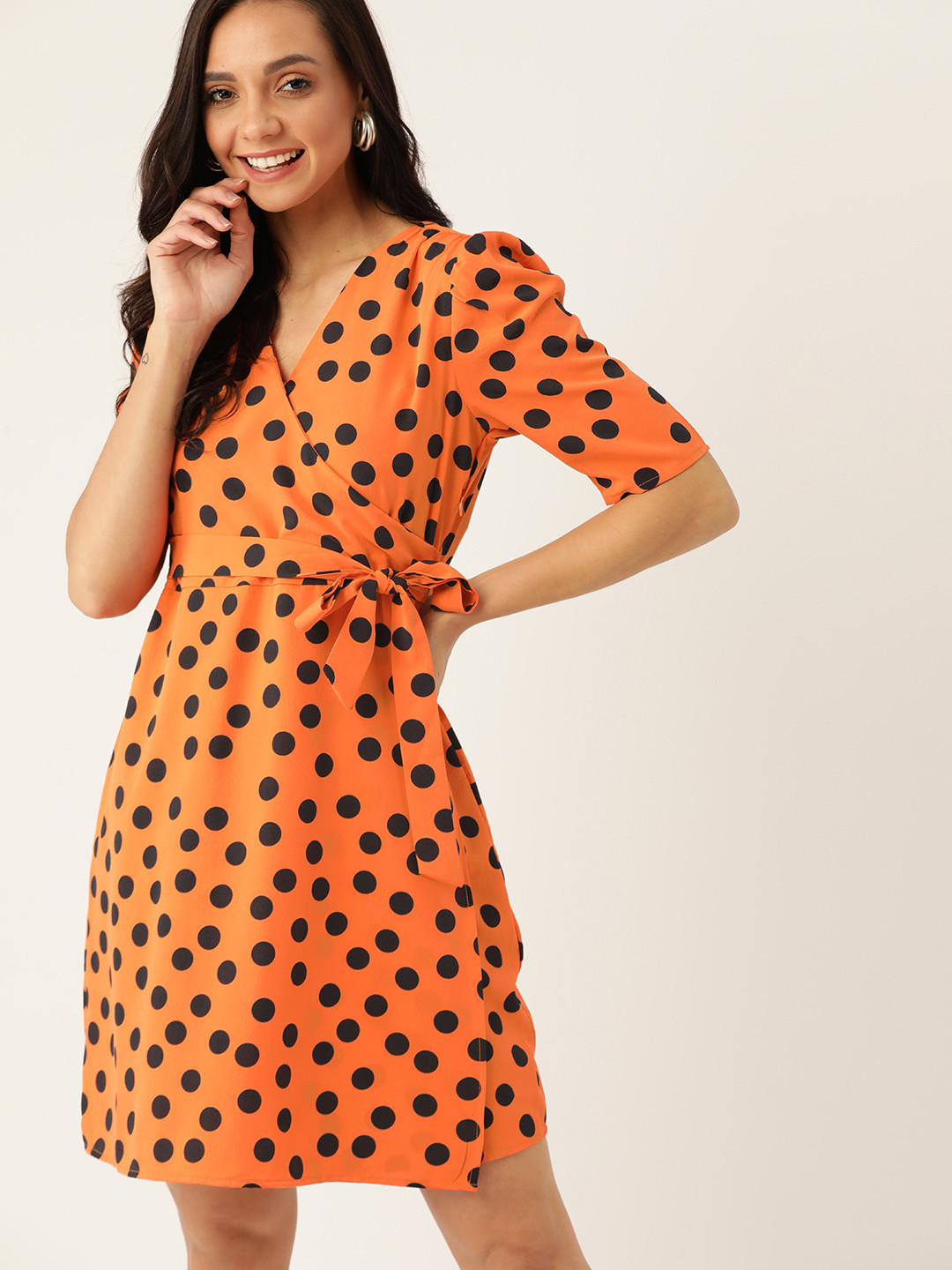 Buy DressBerry Women Orange & Navy Blue Polka Dot Print Belted Wrap