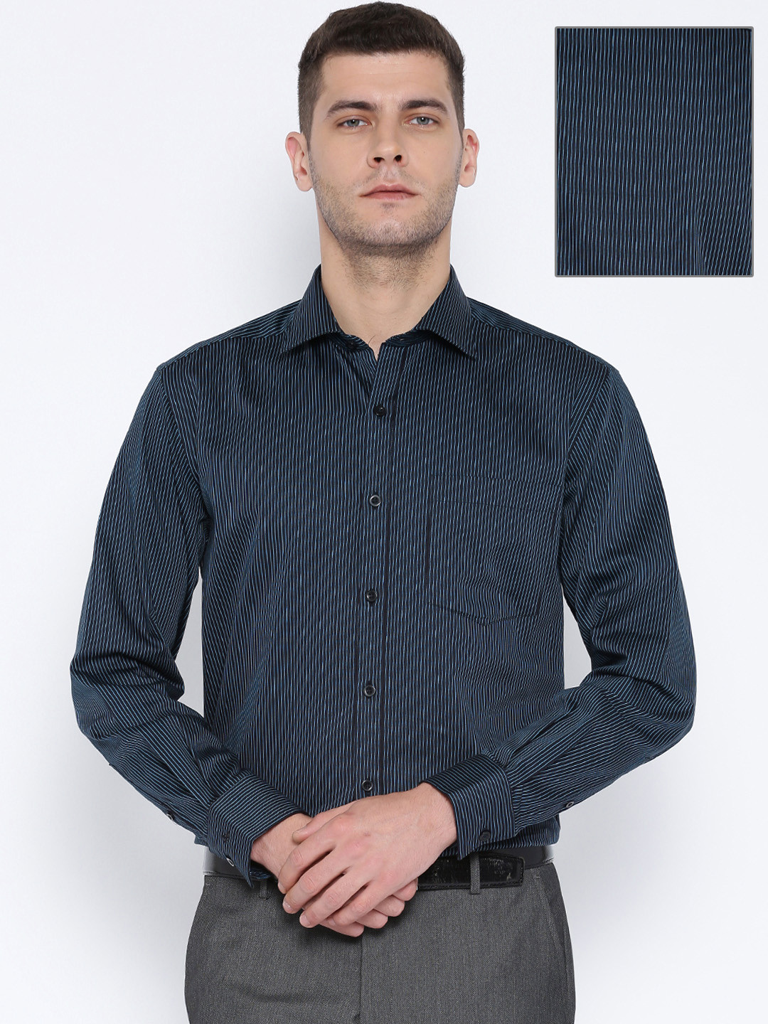 black with blue shirt