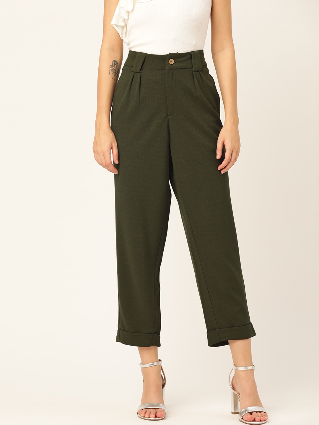 Buy DressBerry Women Olive Green Regular Fit Solid Cropped Trousers ...