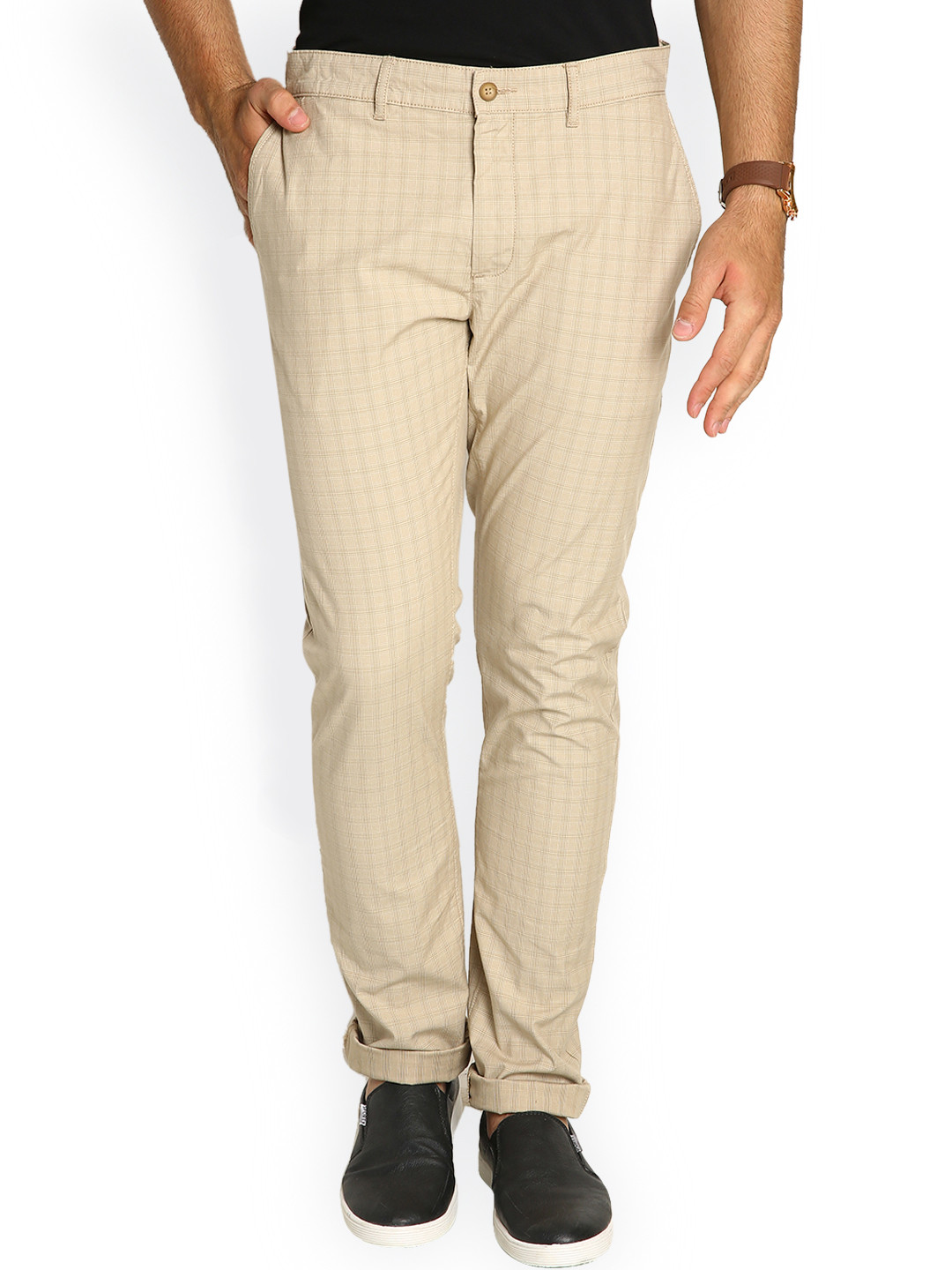Buy Blackberrys Beige Self Checked Skinny Casual Trousers - Trousers for Men 1318537 | Myntra