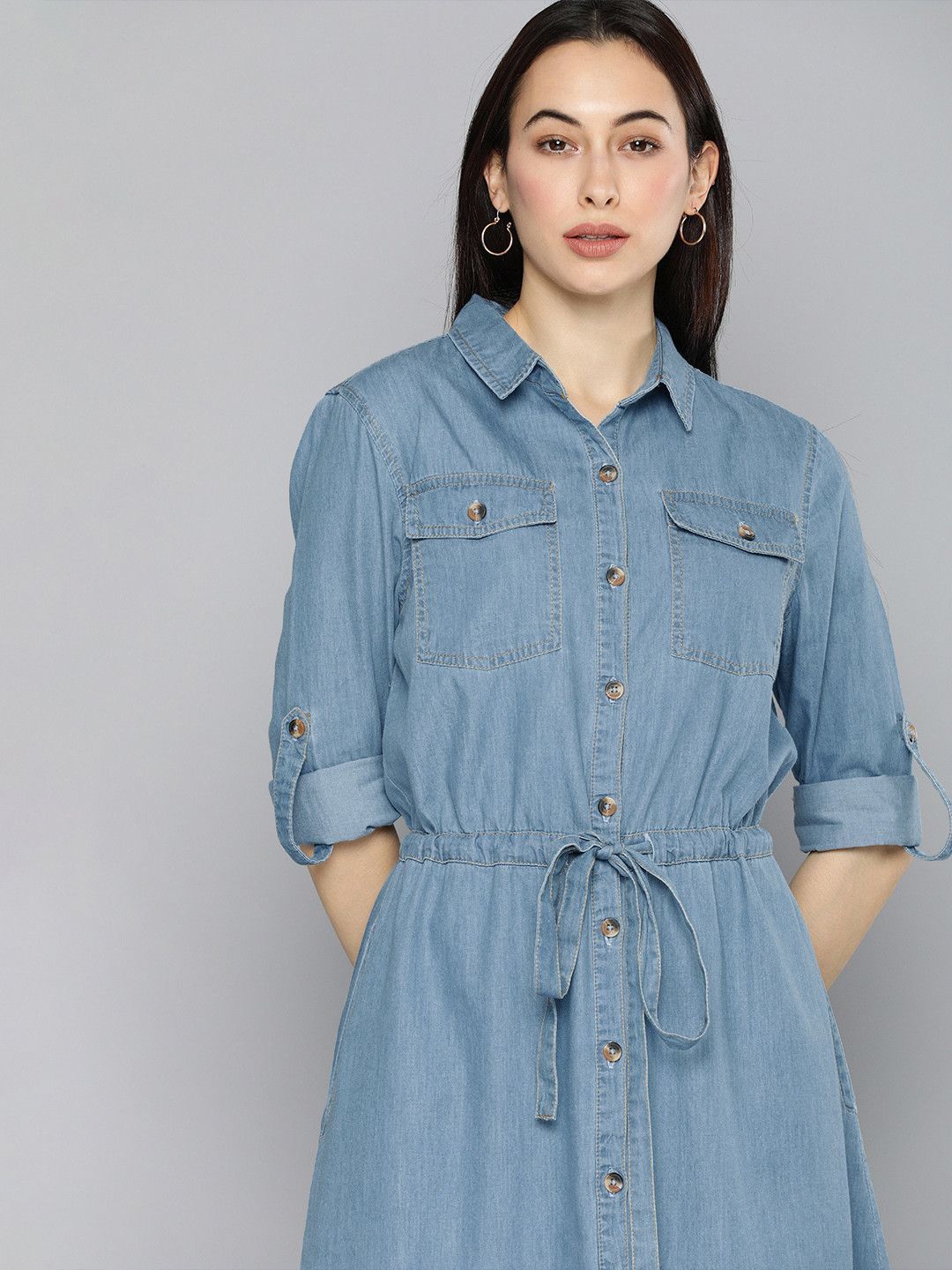 Buy Chemistry Women Blue Solid Denim Fit And Flare Dress Dresses for
