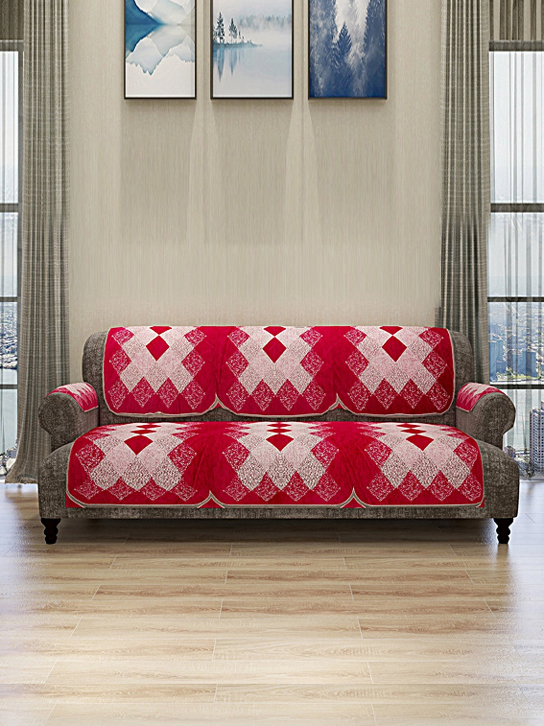 Buy ROMEE Set Of 12 Pink Self Design 5 Seater Sofa Cover With 6 Arm ...