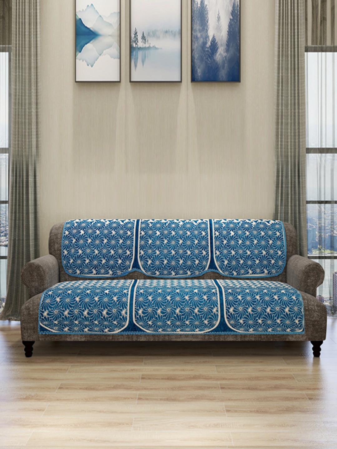 Buy ROMEE Set Of 6 Blue & White Self Design 5 Seater Sofa Cover - Sofa ...