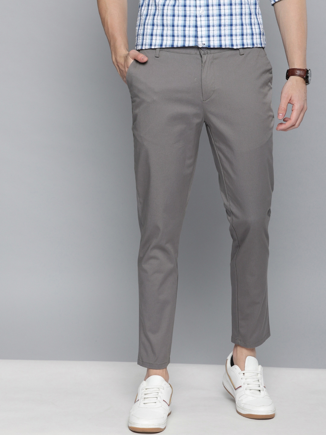 Buy Mast & Harbour Men Grey Regular Fit Solid Regular Trousers ...