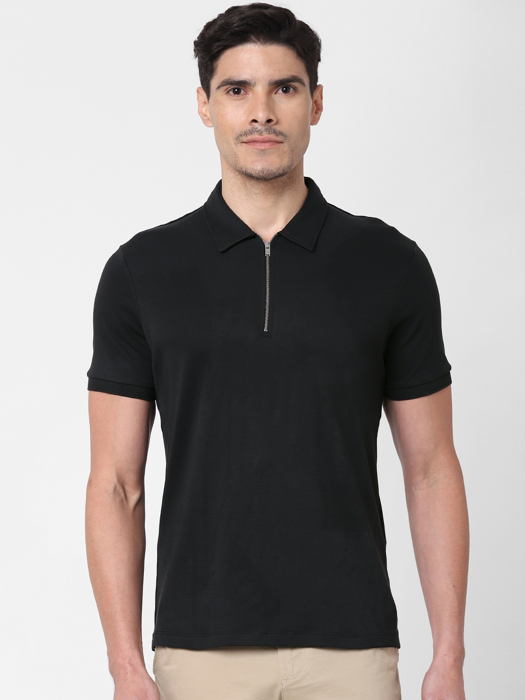 Buy SELECTED Men Black Solid Polo Collar Organic Cotton T Shirt ...