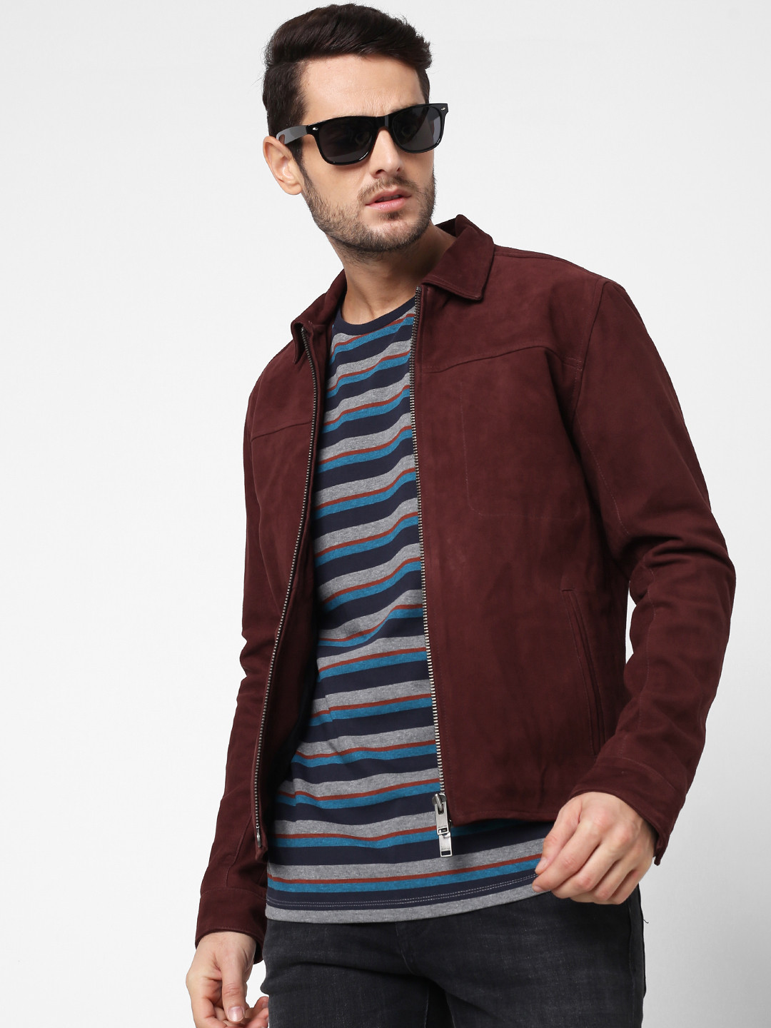 Buy SELECTED Men Maroon Suede Biker Jacket Jackets for Men 13234478