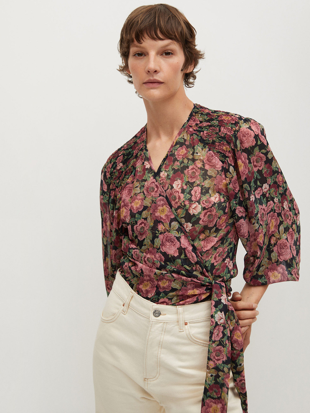 Buy MANGO Women Black & Mauve Floral Print Sustainable Wrap Top Tops