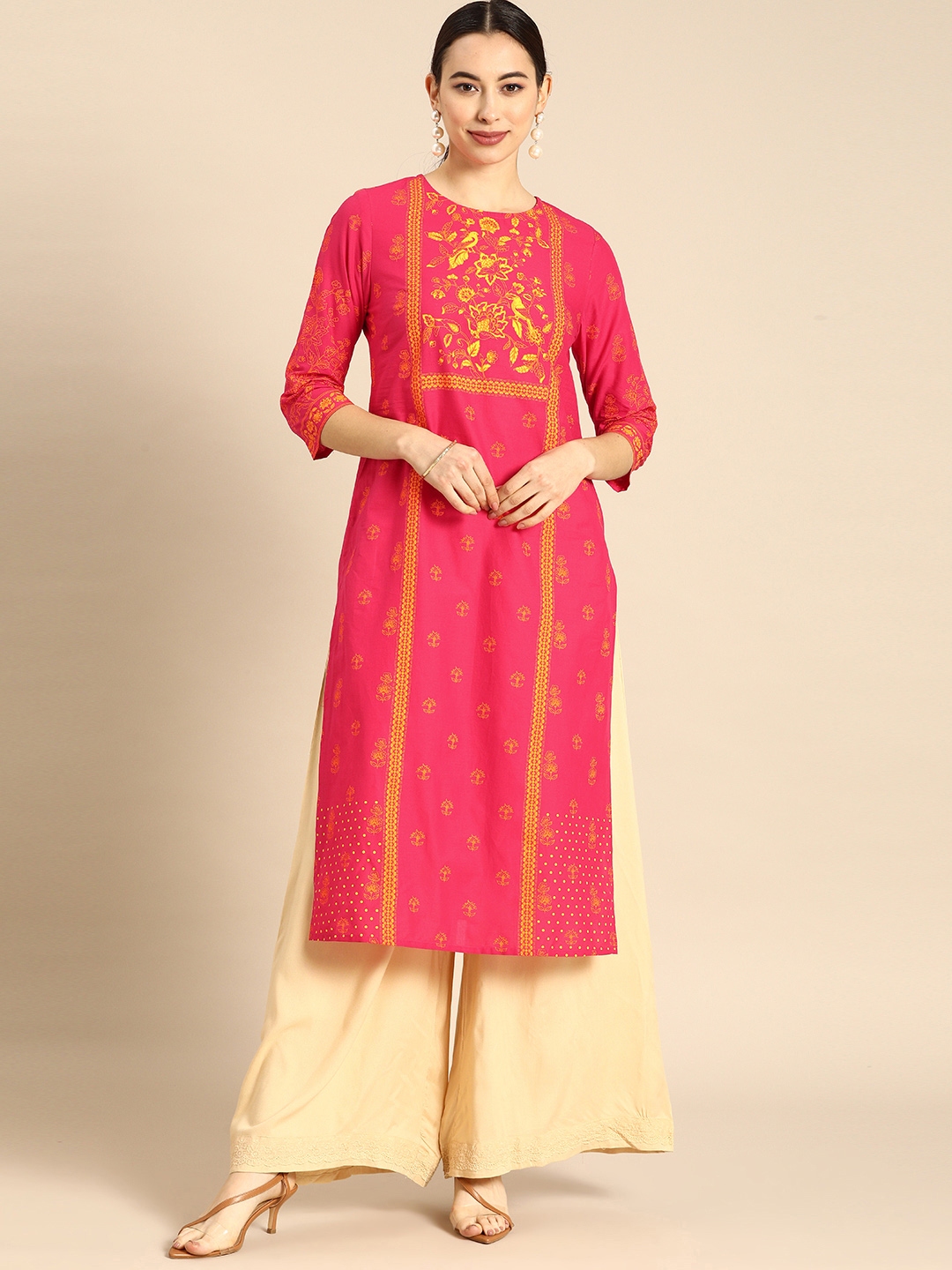 Buy Anouk Women Pink & Yellow Ethnic Motifs Print Straight Cotton Kurta ...