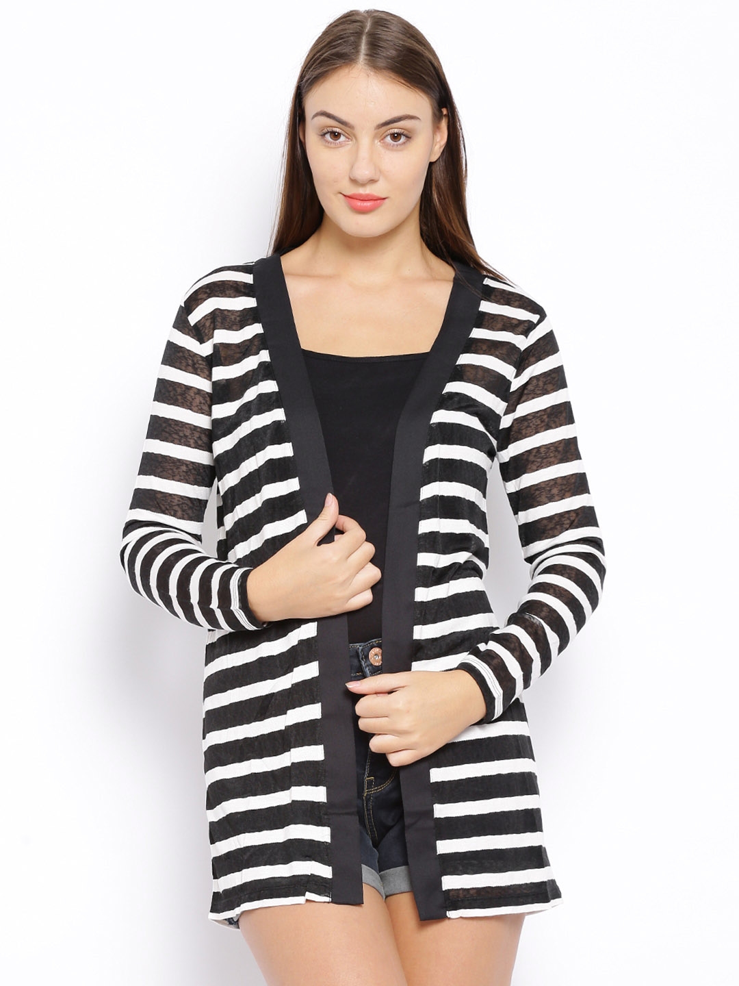 Buy ONLY Black & White Striped Shrug - Shrug for Women 1323872 | Myntra