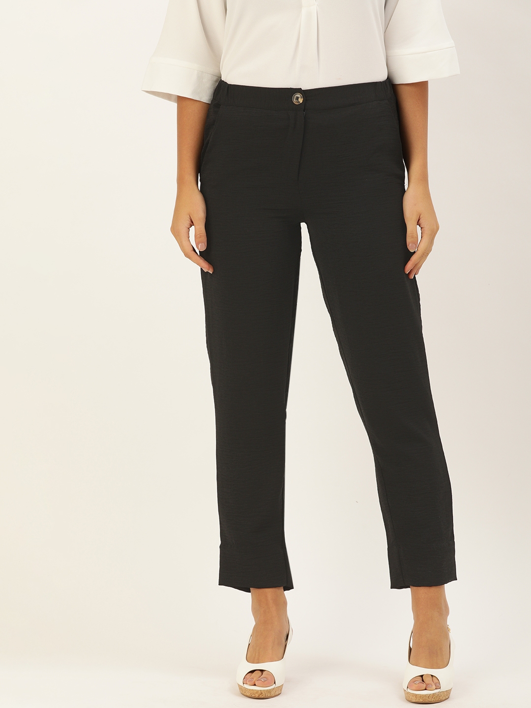 Buy AND Women Black Regular Fit Solid Cropped Formal Trousers ...