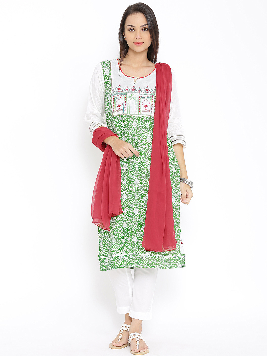 Women Green Printed Straight Kurta Trousers With Dupatta Set