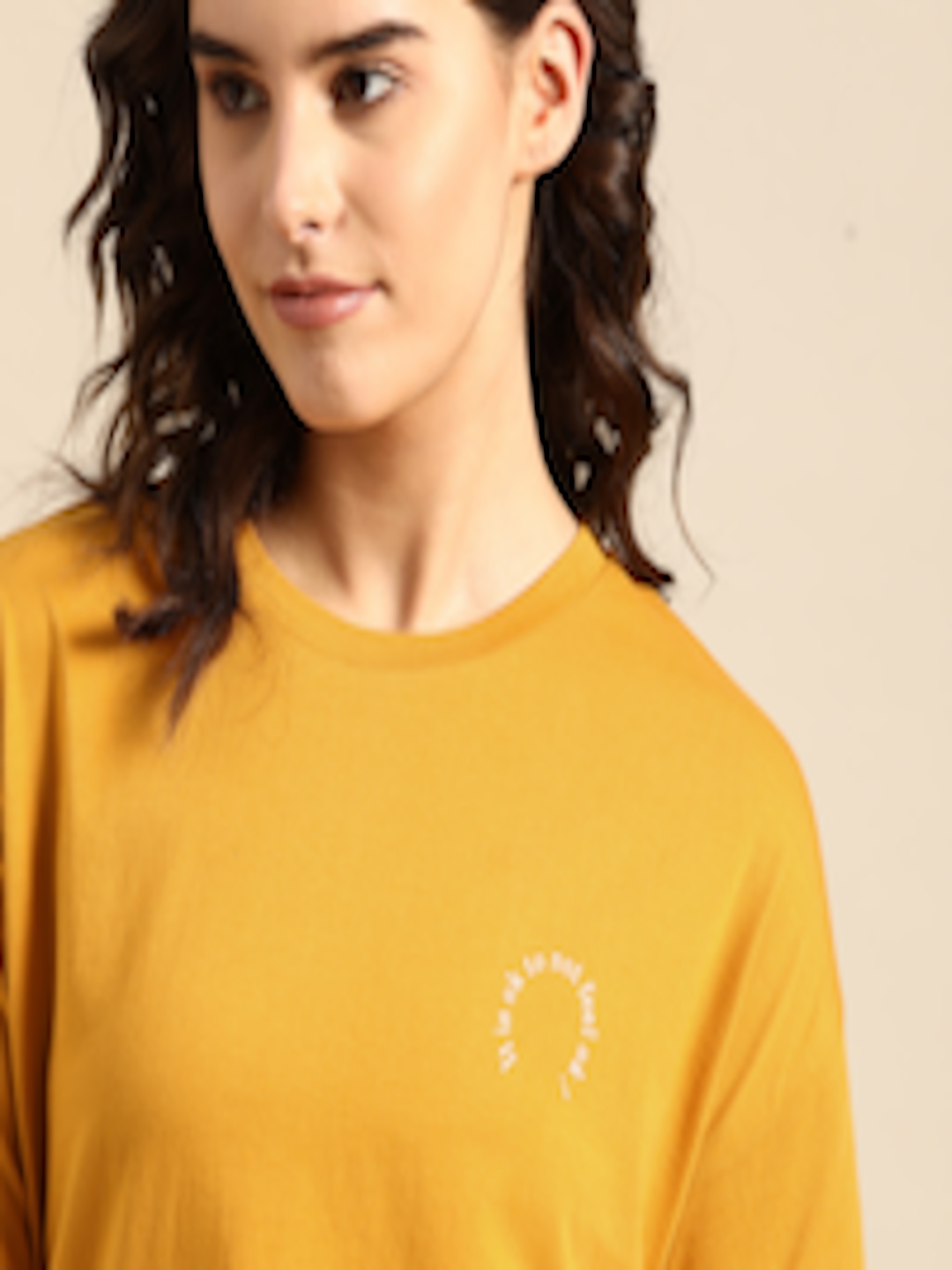Buy Ether Women Mustard Yellow Solid Pure Cotton T Shirt With Printed ...