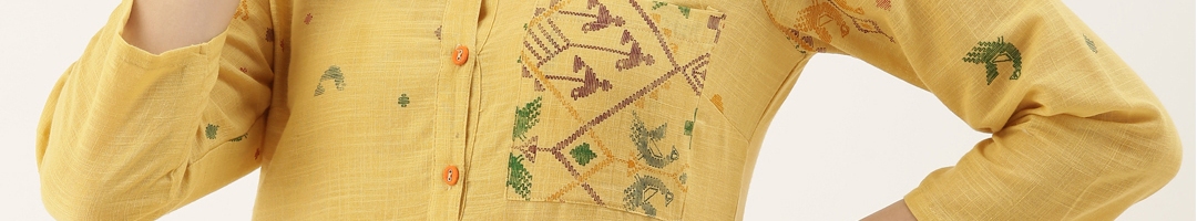 Buy Sangria Women Yellow Geometric Printed Shirt Collar Kurta With ...