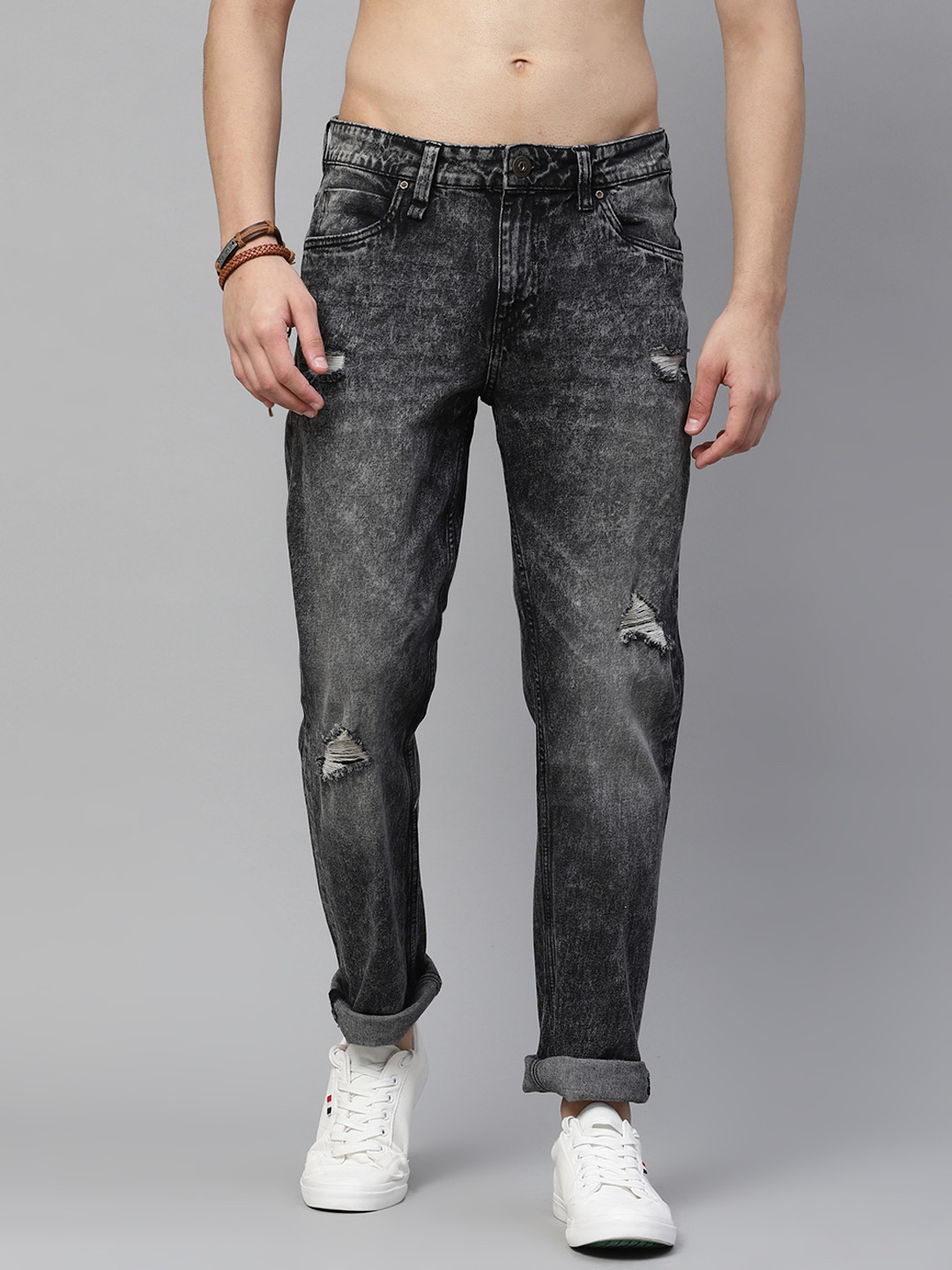 Buy The Roadster Lifestyle Co Men Charcoal Grey Tapered Fit Mildly