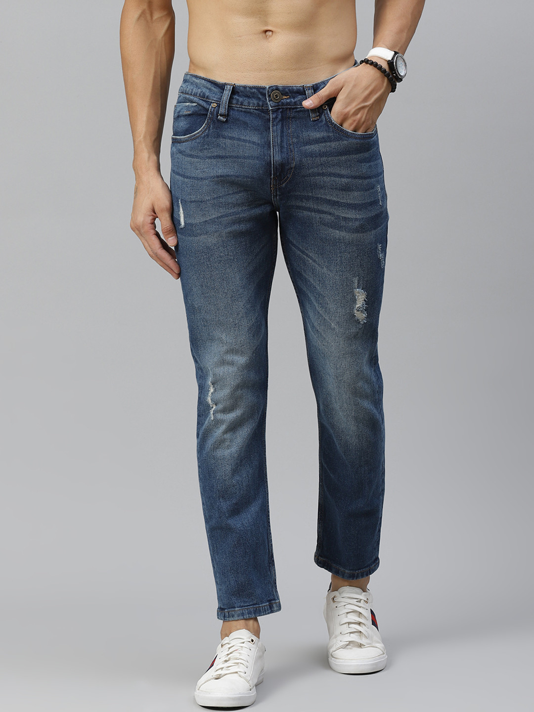 Buy The Roadster Lifestyle Co Men Navy Blue Slim Tapered Fit Mildly