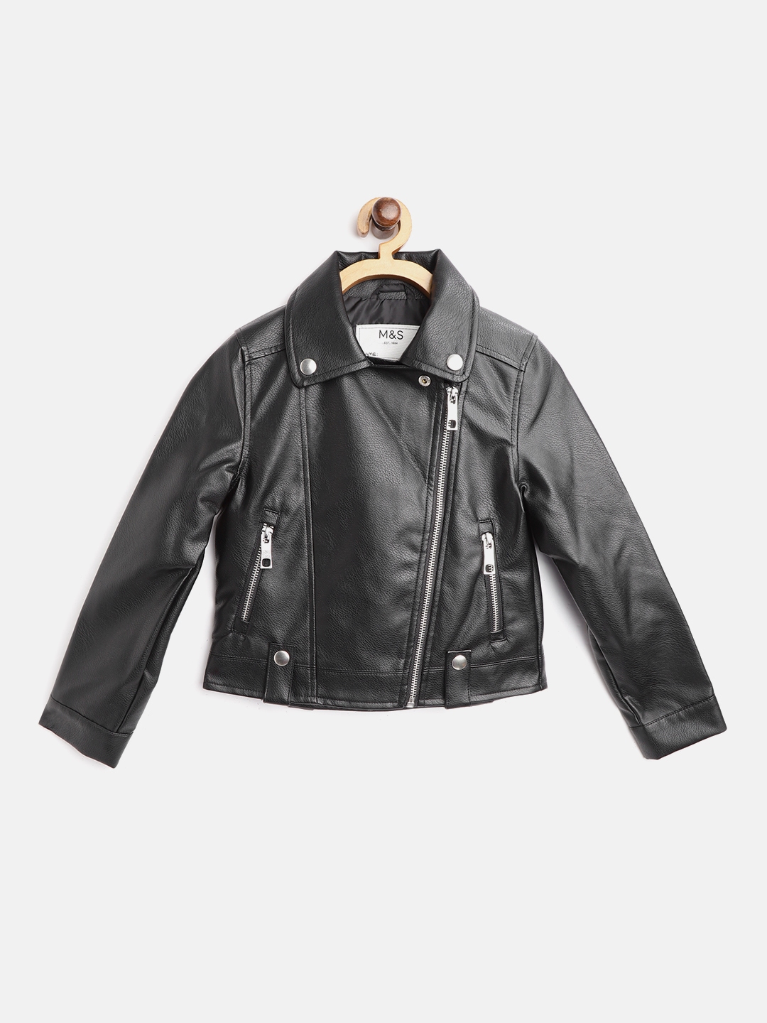 Buy Marks & Spencer Girls Black Solid Asymmetric Closure Biker Jacket ...