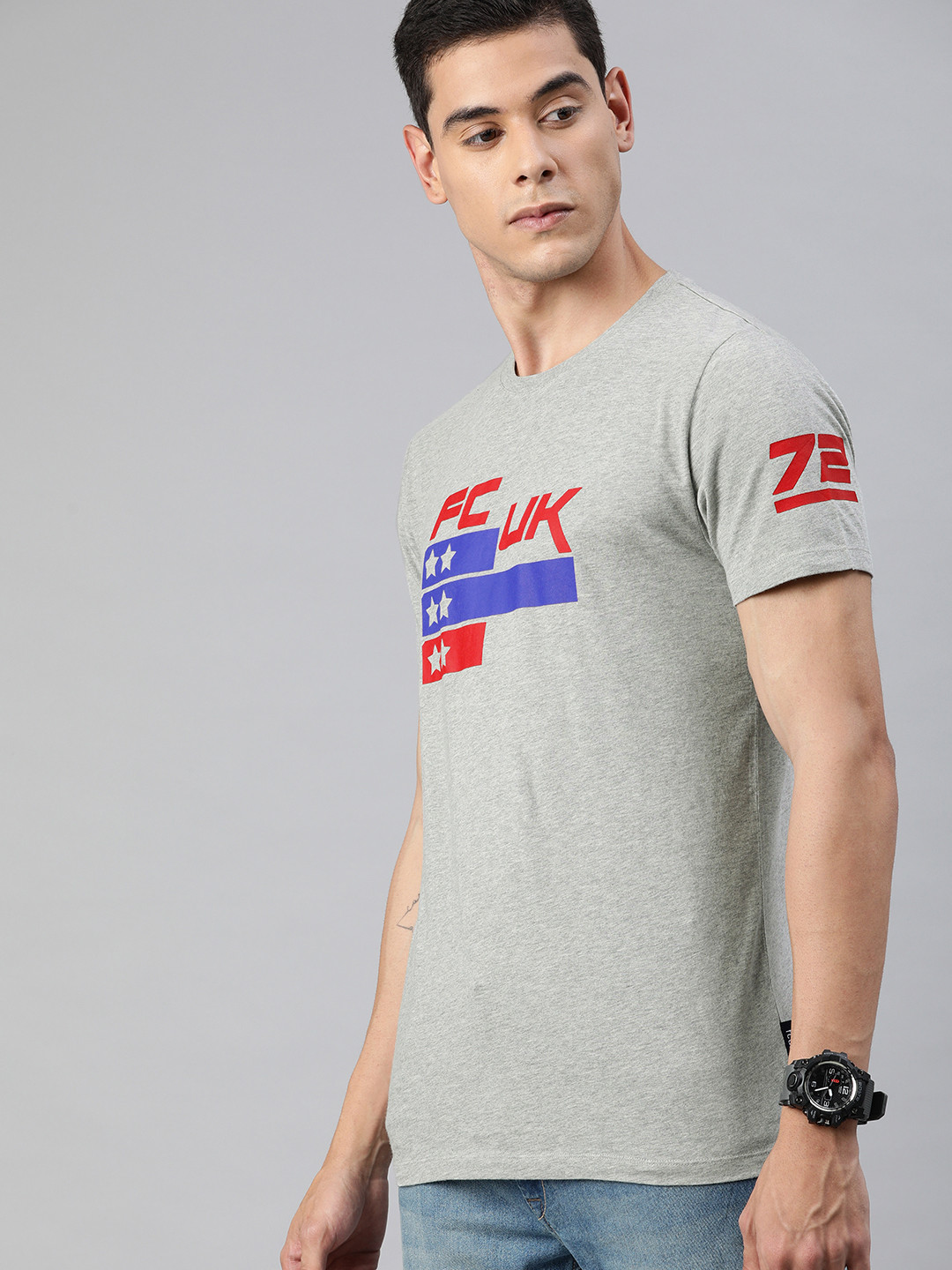 Buy French Connection Men Grey Printed Slim Fit Round Neck Pure Cotton