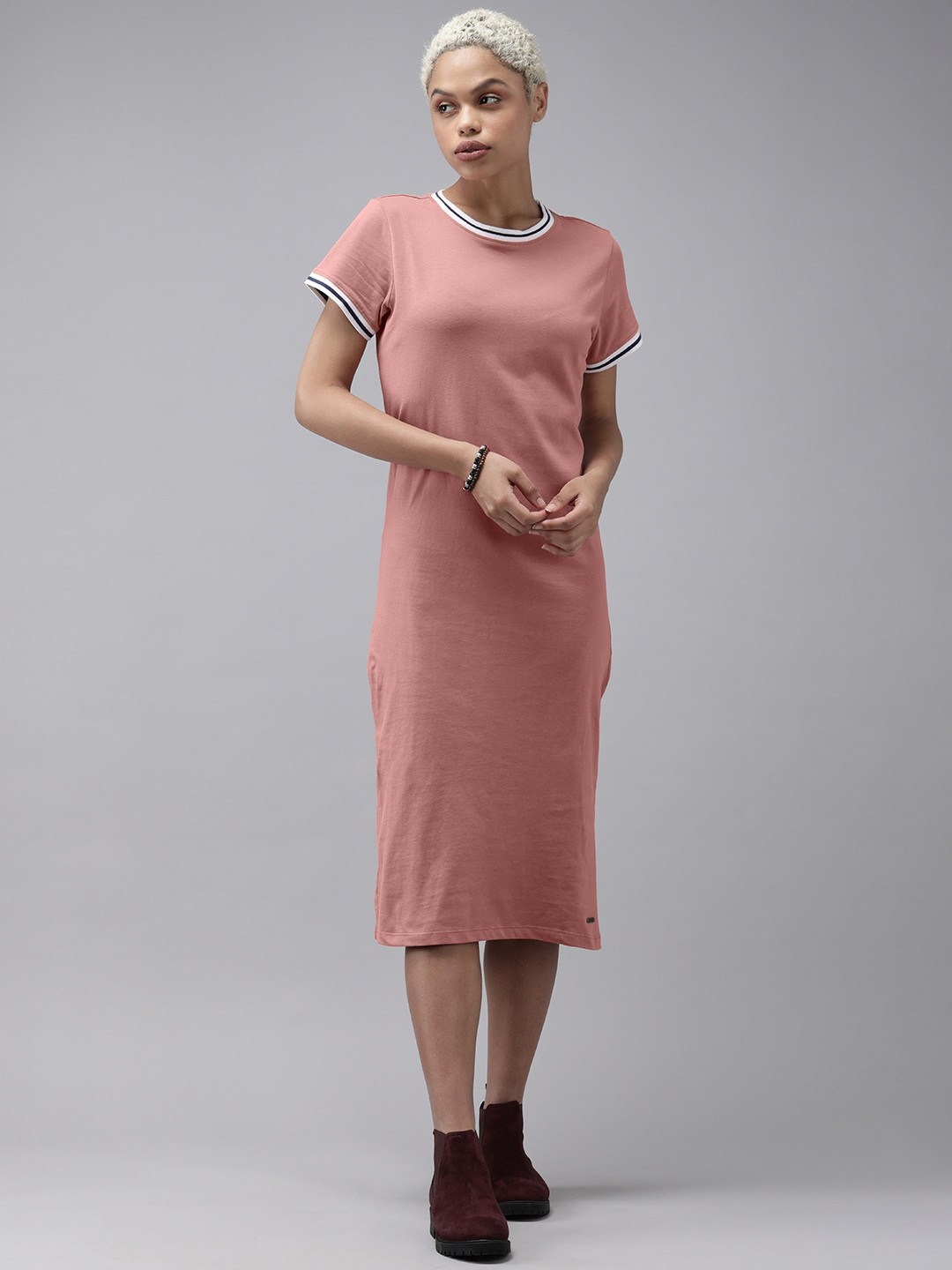 Buy Roadster Dusty Pink Solid Sheath Pure Cotton Midi Dress Dresses