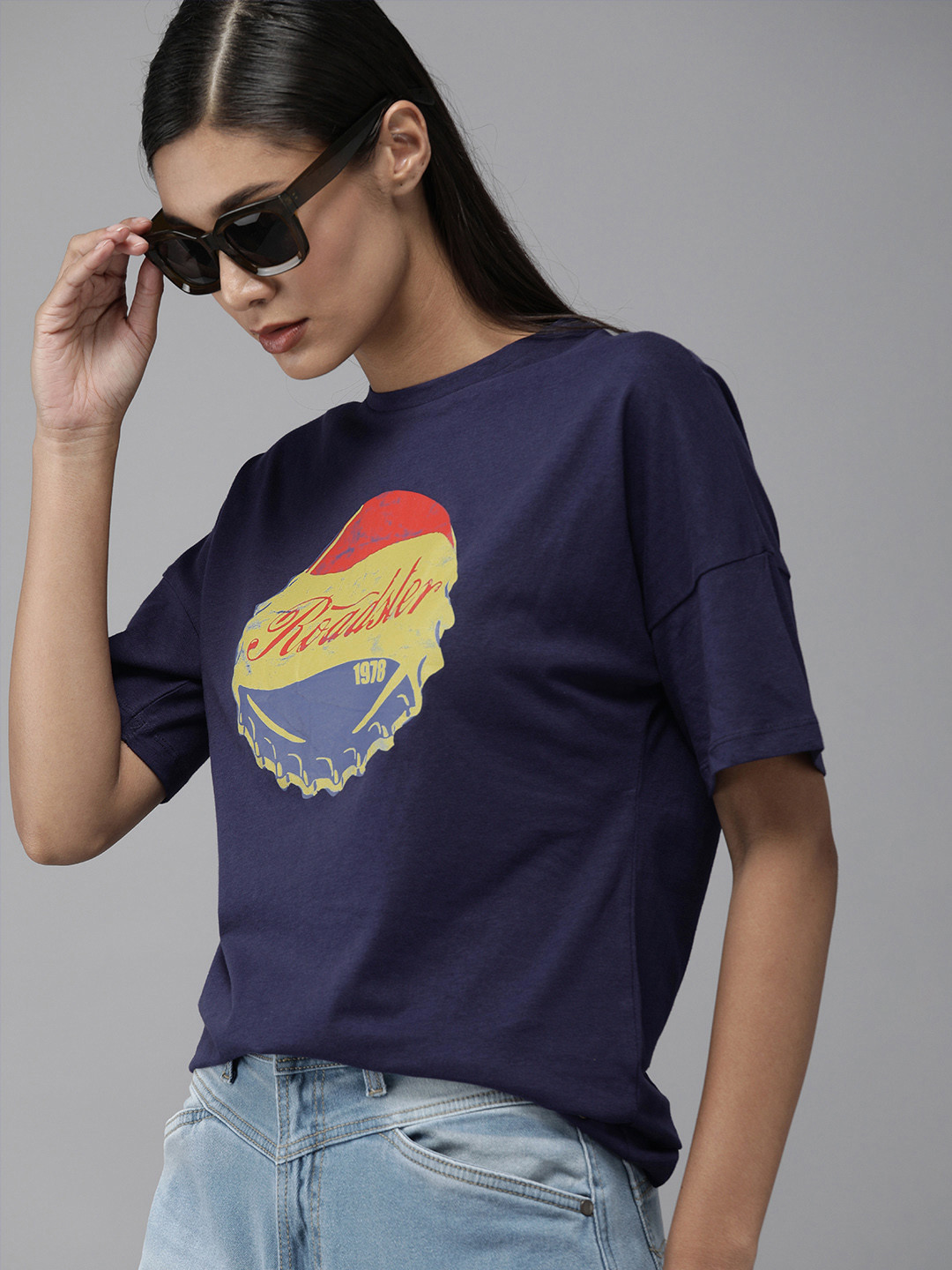 Buy The Roadster Lifestyle Co Women Navy Blue & Yellow Brand Logo