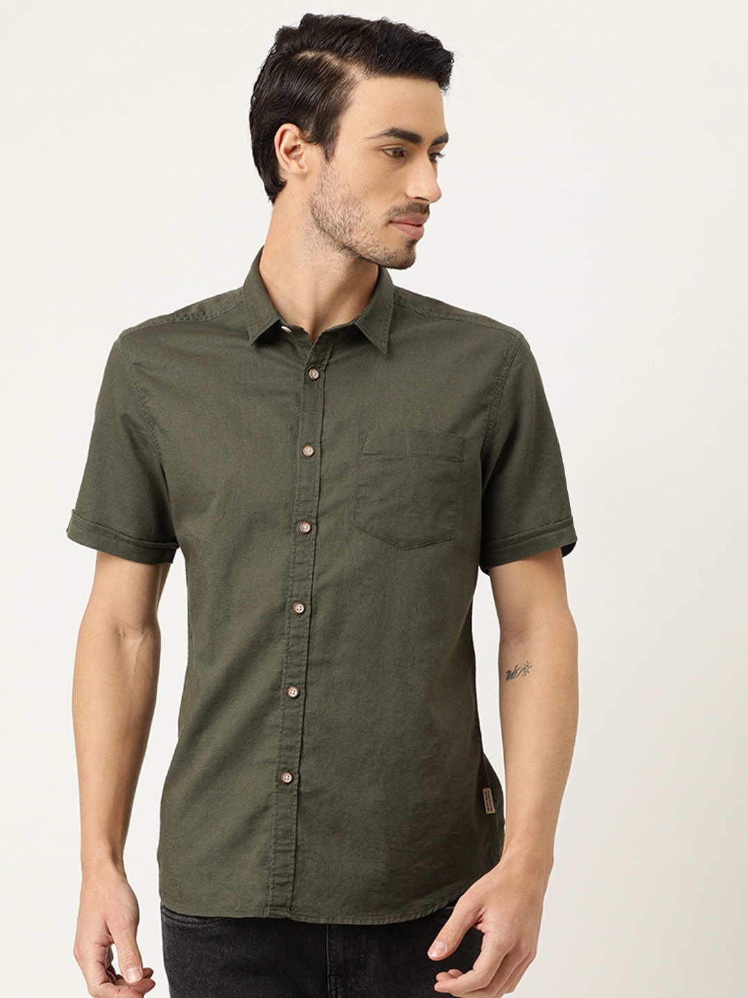 Buy Flying Machine Men Olive Green Slim Fit Solid Casual Linen Shirt ...